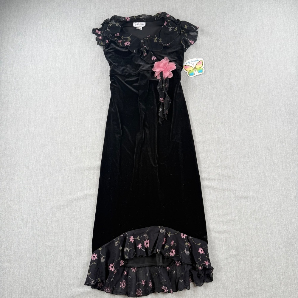 Vintage My Michelle Girls Black Velvet Floral Embroidered High Low Dress Size 14